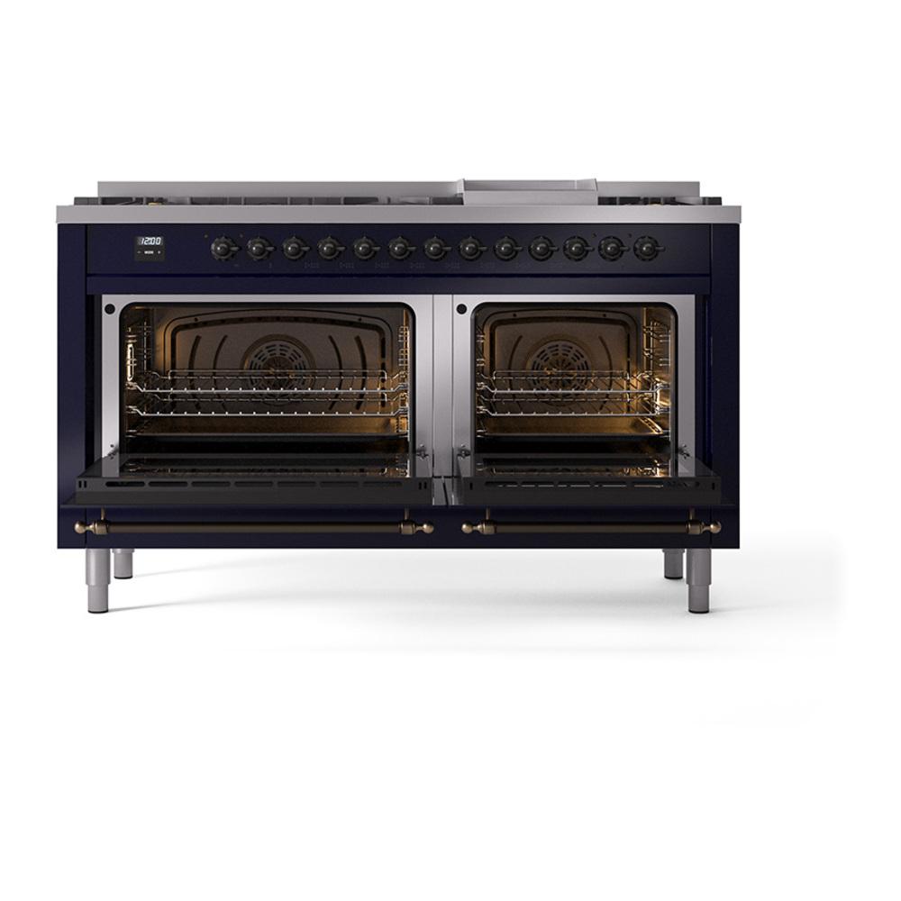 ILVE UN60FNMPMBBLP Nostalgie II Noblesse 60 inch Dual Fuel Range (9 Sealed Burners + Griddle, Liquid Propane, Triple Glass Door, Midnight Blue, Burnished)