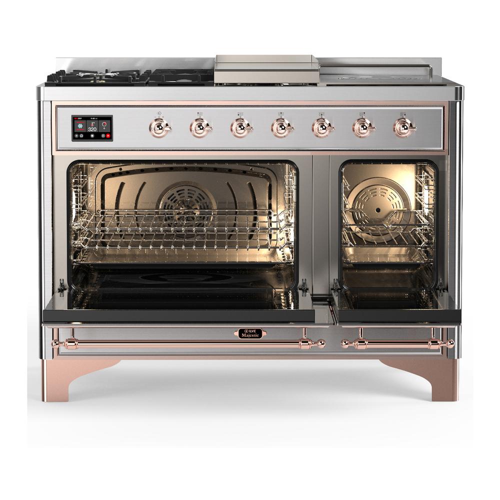ILVE UM48FSQNR3SSPLP Majestic III 48 inch Dual Fuel Range with 5 Black Brass Burners, Griddle and French Top, Dual Function Burner up to 25,000 BTU (Liquid Propane, Solid Door, Stainless Steel, Copper)