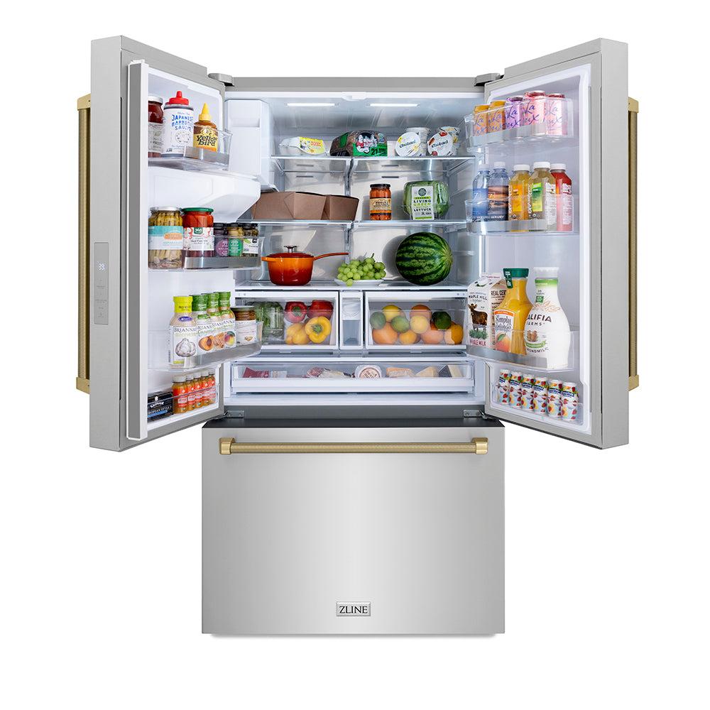 ZLINE Autograph Edition 36 in. 28.9 cu. ft. Standard-Depth French Door External Water Dispenser Refrigerator with Dual Ice Maker in Fingerprint-Resistant Stainless Steel and Champagne Bronze Helix Handles (RSMZ-W-36-KCB)