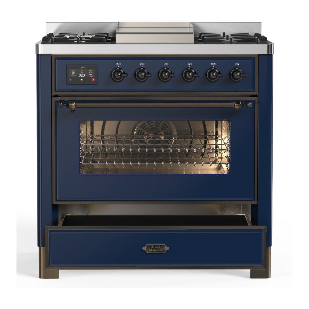 ILVE UM36FNR3MBBLP Majestic III 36 inch Dual Fuel Range with 6 Black Brass Burners and Griddle, Dual Function Burner up to 25,000 BTU (Triple Glass Door, Midnight Blue, Burnished, Liquid Propane)