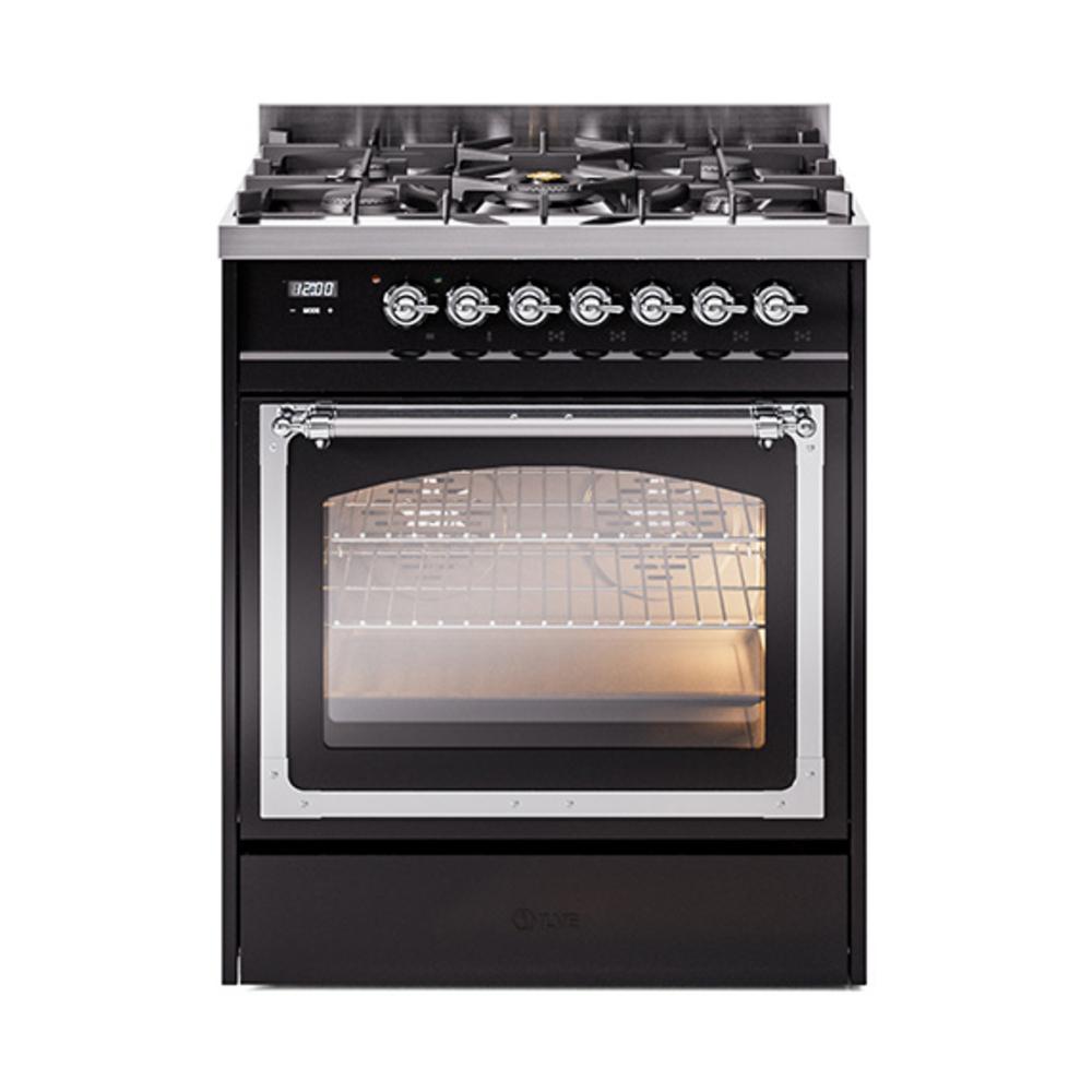 ILVE UN30NMPBKCLP Nostalgie II Noblesse 30 inch Dual Fuel Range (Liquid Propane, Triple Glass Door, Glossy Black, Chrome)
