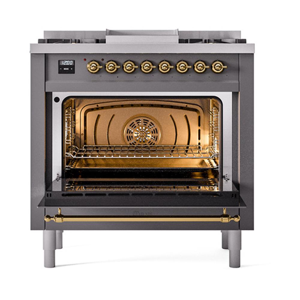 ILVE UN36FNMPMGG Nostalgie II Noblesse 36 inch Dual Fuel Range (Natural Gas, Triple Glass Door, Graphite Matte, Brass)
