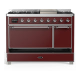 ILVE UM48FQNR3BUC Majestic III 48 inch Dual Fuel Range with 8 Burners and Griddle, Dual Function Burner up to 25,000 BTU (Natural Gas, Solid Door, Burgundy, Chrome)