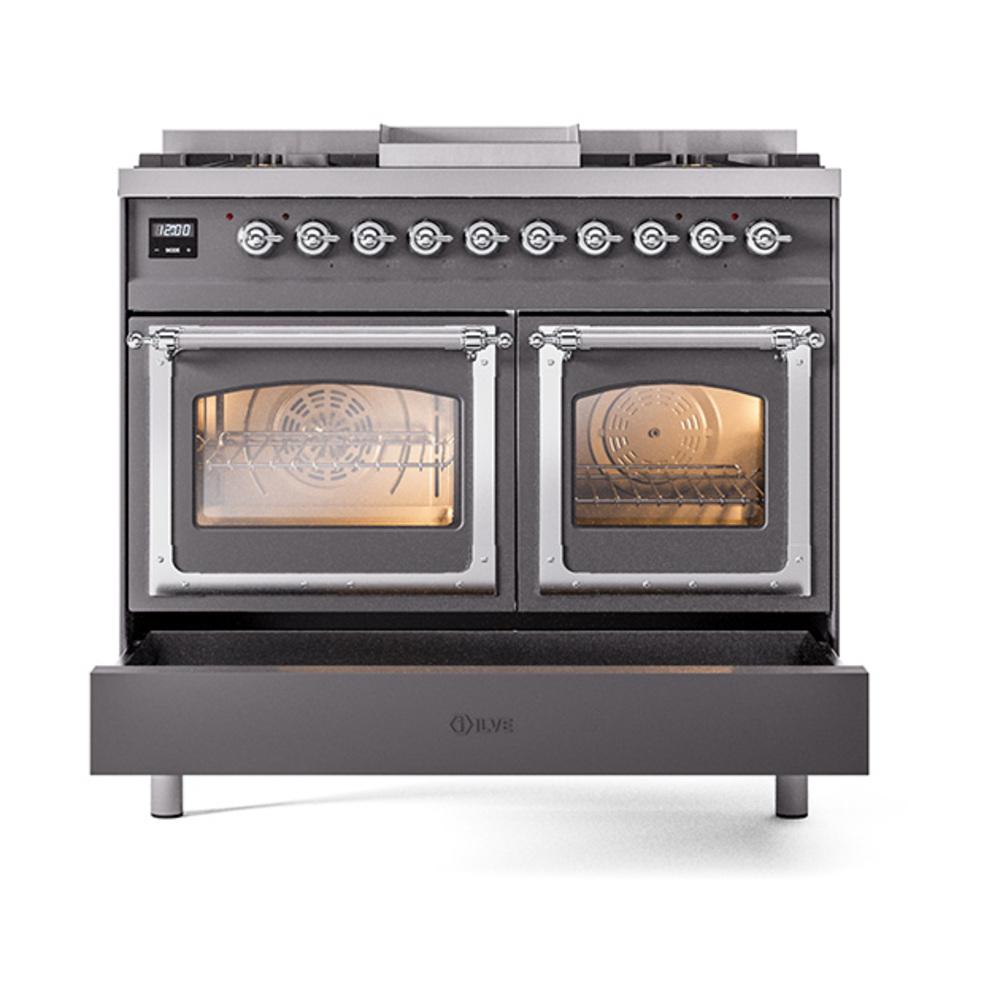 ILVE UND40FNMPMGCLP Nostalgie II Noblesse 40 inch Dual Fuel Range (Liquid Propane, Triple Glass Door, Graphite Matte, Chrome)