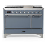 ILVE UM48FQNR3BGCLP Majestic III 48 inch Dual Fuel Range with 8 Burners and Griddle, Dual Function Burner up to 25,000 BTU (Liquid Propane, Solid Door, Blue Grey, Chrome)