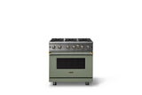 36"W. Open Burner Gas Range (Finish: Eucalyptus, Trim: Brushed Brass, Fuel: Natural Gas)