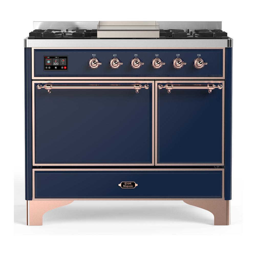 ILVE UMD40FQNR3MBP Majestic III 40 inch Dual Fuel Range with 6 Burners and Griddle, Dual Function Burner up to 25,000 BTU (Natural Gas, Solid Door, Midnight Blue, Copper)