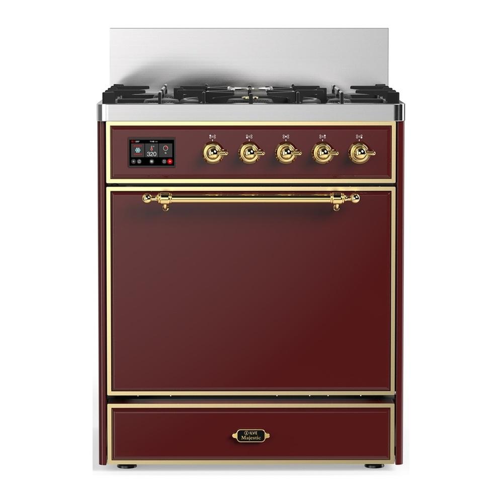 ILVE UM30QNR3BUG Majestic III 30 inch Dual Fuel Range with 5 Black Brass Burners, Dual Function Burner up to 25,000 BTU (Natural Gas, Solid Door, Burgundy, Brass)