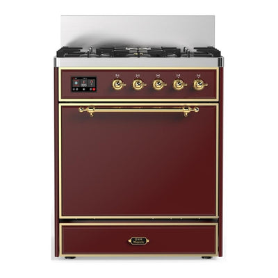 ILVE UM30QNR3BUG Majestic III 30 inch Dual Fuel Range with 5 Black Brass Burners, Dual Function Burner up to 25,000 BTU (Natural Gas, Solid Door, Burgundy, Brass)