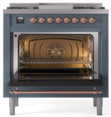 Nostalgie II 36 Inch Dual Fuel Natural Gas Freestanding Range in Blue Grey with Copper Trim