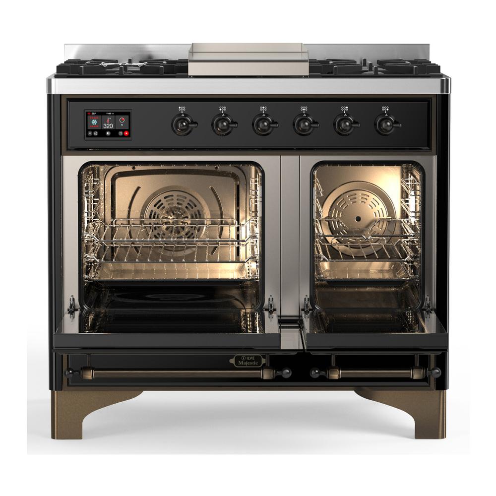 ILVE UMD40FQNR3BKB Majestic III 40 inch Dual Fuel Range with 6 Burners and Griddle, Dual Function Burner up to 25,000 BTU (Natural Gas, Solid Door, Glossy Black, Burnished)