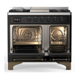 ILVE UMD40FQNR3BKB Majestic III 40 inch Dual Fuel Range with 6 Burners and Griddle, Dual Function Burner up to 25,000 BTU (Natural Gas, Solid Door, Glossy Black, Burnished)