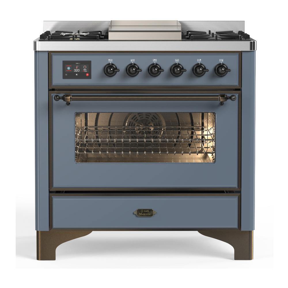 ILVE UM36FNR3BGBLP Majestic III 36 inch Dual Fuel Range with 6 Black Brass Burners and Griddle, Dual Function Burner up to 25,000 BTU (Triple Glass Door, Blue Grey, Burnished, Liquid Propane)