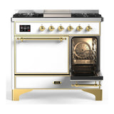 ILVE UMD40FQNR3WHG Majestic III 40 inch Dual Fuel Range with 6 Burners and Griddle, Dual Function Burner up to 25,000 BTU (Natural Gas, Solid Door, White, Brass)