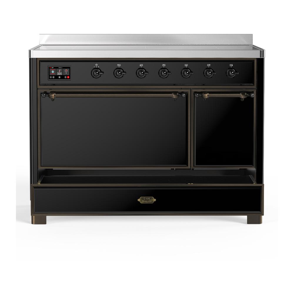 ILVE UMIB48QNR3BKB Majestic III 48 inch Induction Range with 6 Elements, 5.02 cu. ft. Total Oven Capacity (Solid Door, Glossy Black, Burnished)
