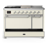 ILVE UM48FSQNR3AWCLP Majestic III 48 inch Dual Fuel Range with 5 Black Brass Burners, Griddle and French Top, Dual Function Burner up to 25,000 BTU (Liquid Propane, Solid Door, Antique White, Chrome)