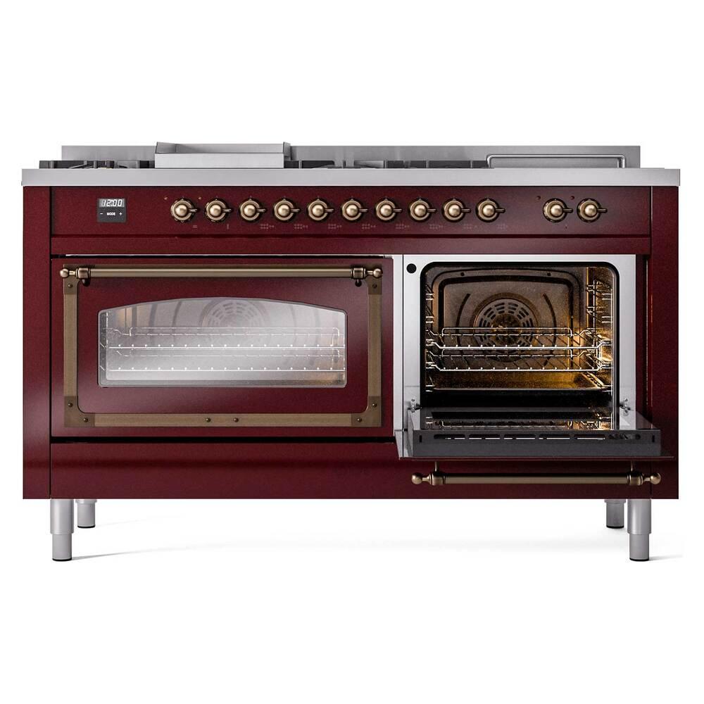 ILVE UN60FSNMPBUBLP Nostalgie II Noblesse 60 inch Dual Fuel Range (7 Sealed Burners + Griddle + French Top, Liquid Propane, Triple Glass Door, Burgundy, Burnished)