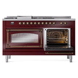 ILVE UN60FSNMPBUBLP Nostalgie II Noblesse 60 inch Dual Fuel Range (7 Sealed Burners + Griddle + French Top, Liquid Propane, Triple Glass Door, Burgundy, Burnished)