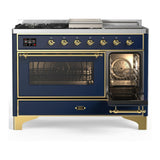 ILVE UM48FSNR3MBG Majestic III 48 inch Dual Fuel Range with 5 Black Brass Burners, Griddle and French Top, Dual Function Burner up to 25,000 BTU (Natural Gas, Triple Glass Door, Midnight Blue, Brass)