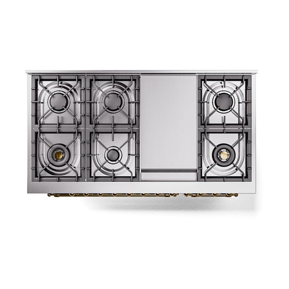 ILVE UN48FNMPBUG Nostalgie II Noblesse 48 inch Dual Fuel Range (8 Sealed Burners + Griddle, Natural Gas, Triple Glass Door, Burgundy, Brass)