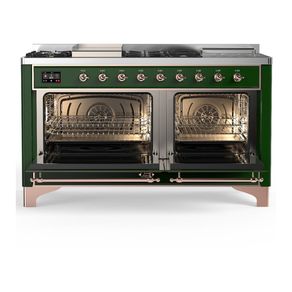 ILVE UM60FSQNR3EGPLP Majestic III 60 inch Dual Fuel Range with 7 Burners, Griddle and French Top, Dual Function Burner with up to 25,000 BTU (Liquid Propane, Solid Door, Emerald Green, Copper)