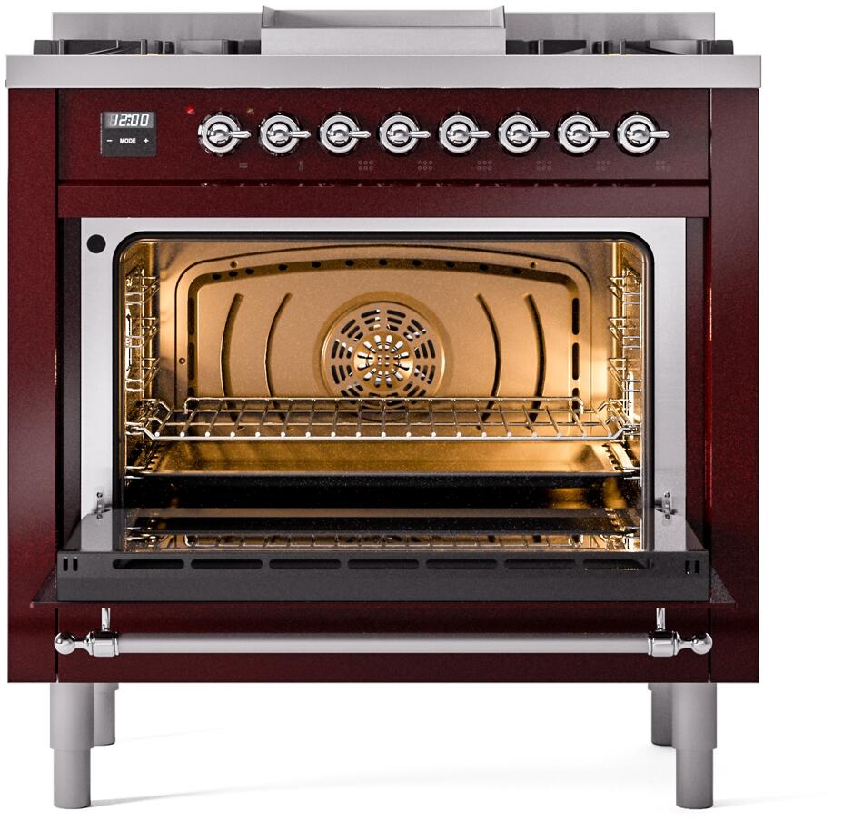 Nostalgie II 36 Inch Dual Fuel Natural Gas Freestanding Range in Burgundy with Chrome Trim
