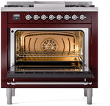 Nostalgie II 36 Inch Dual Fuel Natural Gas Freestanding Range in Burgundy with Chrome Trim