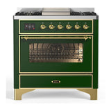 ILVE UM36FNR3EGGLP Majestic III 36 inch Dual Fuel Range with 6 Black Brass Burners and Griddle, Dual Function Burner up to 25,000 BTU (Triple Glass Door, Emerald Green, Brass, Liquid Propane)