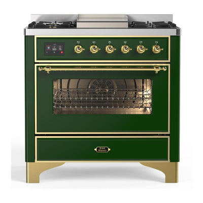ILVE UM36FNR3EGGLP Majestic III 36 inch Dual Fuel Range with 6 Black Brass Burners and Griddle, Dual Function Burner up to 25,000 BTU (Triple Glass Door, Emerald Green, Brass, Liquid Propane)