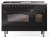 Nostalgie II 48 Inch Dual Fuel Natural Gas Freestanding Range in Glossy Black with Bronze Trim