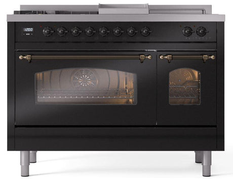 Nostalgie II 48 Inch Dual Fuel Natural Gas Freestanding Range in Glossy Black with Bronze Trim