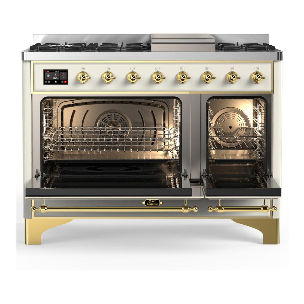 ILVE UM48FQNR3AWG Majestic III 48 inch Dual Fuel Range with 8 Burners and Griddle, Dual Function Burner up to 25,000 BTU (Natural Gas, Solid Door, Antique White, Brass)