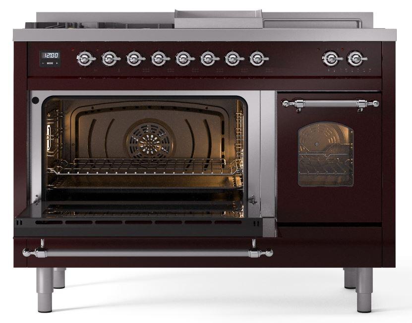Nostalgie II 48 Inch Dual Fuel Natural Gas Freestanding Range in Burgundy with Chrome Trim