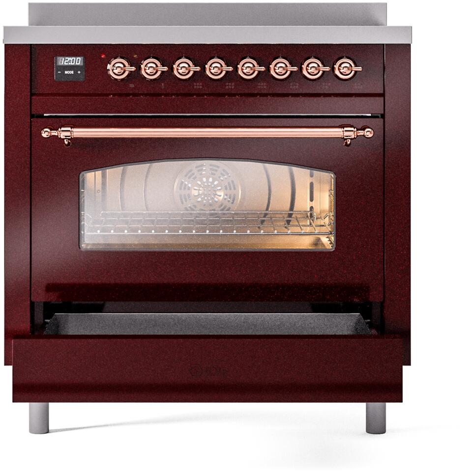 Nostalgie II 36 Inch Electric Freestanding Range in Burgundy with Copper Trim