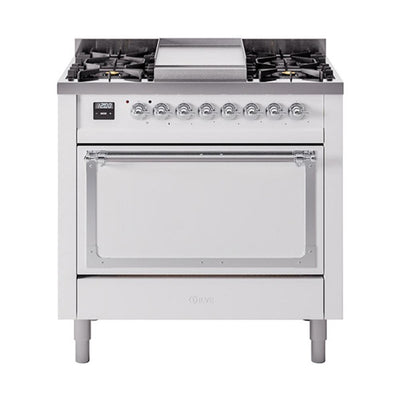 ILVE UN36FQNMPWHC Nostalgie II Noblesse 36 inch Dual Fuel Range (Natural Gas, Solid Door, White, Chrome)