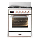 ILVE UM30NR3WHPLP Majestic III 30 inch Dual Fuel Range with 5 Black Brass Burners, Dual Function Burner up to 25,000 BTU (Liquid Propane, Triple Glass Door, White, Copper)