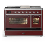 ILVE UM48FSNR3BUCLP Majestic III 48 inch Dual Fuel Range with 5 Black Brass Burners, Griddle and French Top, Dual Function Burner up to 25,000 BTU (Liquid Propane, Triple Glass Door, Burgundy, Chrome)