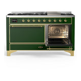ILVE UM60FQNR3EGG Majestic III 60 inch Dual Fuel Range with 9 Burners and Griddle, Dual Function Burner up to 25,000 BTU (Natural Gas, Solid Door, Emerald Green, Brass)