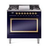 ILVE UN36FQNMPMBGLP Nostalgie II Noblesse 36 inch Dual Fuel Range (Liquid Propane, Solid Door, Midnight Blue, Brass)