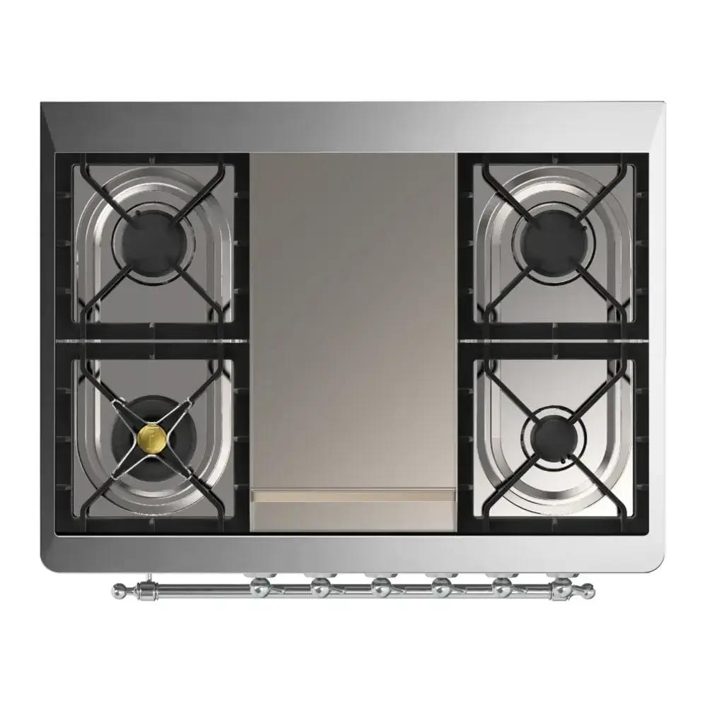 ILVE UM36FNR3RACLP Majestic III 36 inch Dual Fuel Range with 6 Black Brass Burners and Griddle, Dual Function Burner up to 25,000 BTU (Triple Glass Door, RAL, Chrome, Liquid Propane)