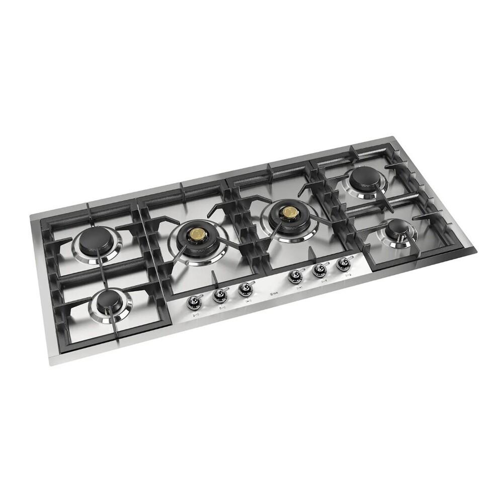 ILVE UHCPT125NSSCLP Nostalgie II 48 inch Built-In Gas Cooktop with Total Black Brass Burners, in Stainless Steel (6 Sealed Burners, Liquid Propane, Chrome)