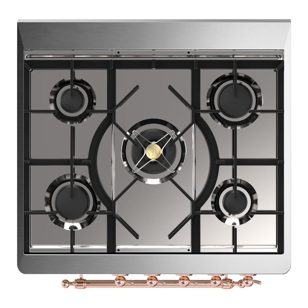 ILVE UM30QNR3SSPLP Majestic III 30 inch Dual Fuel Range with 5 Black Brass Burners, Dual Function Burner up to 25,000 BTU (Liquid Propane, Solid Door, Stainless Steel, Copper)