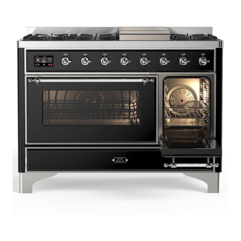 ILVE UM48FNR3BKC Majestic III 48 inch Dual Fuel Range with 8 Burners and Griddle, Dual Function Burner up to 25,000 BTU (Natural Gas, Triple Glass Door, Glossy Black, Chrome)