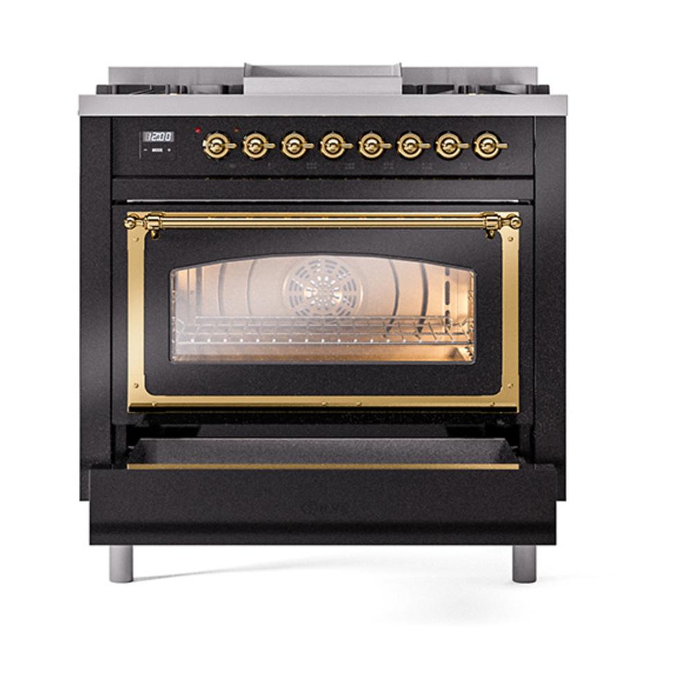 ILVE UN36FNMPBKG Nostalgie II Noblesse 36 inch Dual Fuel Range (Natural Gas, Triple Glass Door, Glossy Black, Brass)