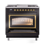 ILVE UN36FNMPBKG Nostalgie II Noblesse 36 inch Dual Fuel Range (Natural Gas, Triple Glass Door, Glossy Black, Brass)