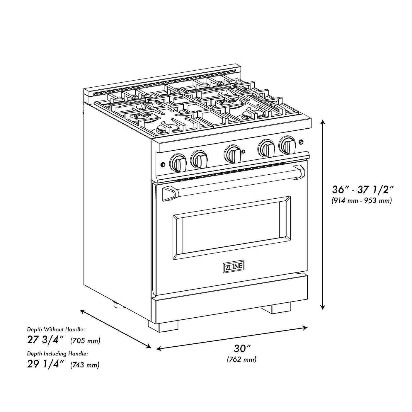 ZLINE 30 in. 4.2 cu. ft. Classic Gas Range with 4 Burner Cooktop and Convection Gas Oven in DuraSnow' Stainless Steel with Black Matte Door (CGRS-BLM-30)