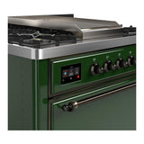 ILVE UM36FQNR3EGBLP Majestic III 36 inch Dual Fuel Range with 6 Black Brass Burners and Griddle, Dual Function Burner up to 25,000 BTU (Solid Door, Emerald Green, Burnished, Liquid Propane)