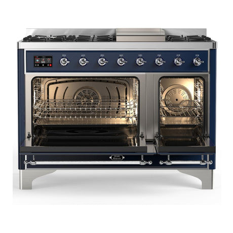 ILVE UM48FQNR3MBC Majestic III 48 inch Dual Fuel Range with 8 Burners and Griddle, Dual Function Burner up to 25,000 BTU (Natural Gas, Solid Door, Midnight Blue, Chrome)