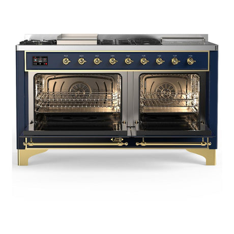 ILVE UM60FSNR3MBG Majestic III 60 inch Dual Fuel Range with 7 Burners, Griddle and French Top, Dual Function Burner with up to 25,000 BTU (Natural Gas, Triple Glass Door, Midnight Blue, Brass)