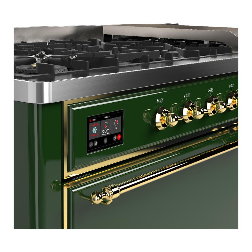 ILVE UM60FQNR3EGGLP Majestic III 60 inch Dual Fuel Range with 9 Burners and Griddle, Dual Function Burner up to 25,000 BTU (Liquid Propane, Solid Door, Emerald Green, Brass)